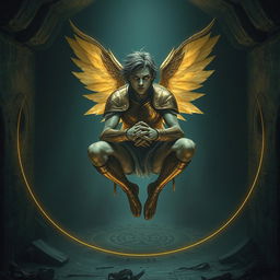 A celestial being named Thyriel, a fallen Deva, is portrayed bound within a dimly glowing magic circle deep inside an ancient, decaying temple