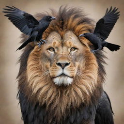 A majestic lion with the innovation of a raven, intertwining elements of fur and feathers, both embodying strength and wisdom