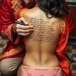 A man dressed in red and gold attire is seated behind a woman whose bare bottom is visible, with panties positioned below her bum