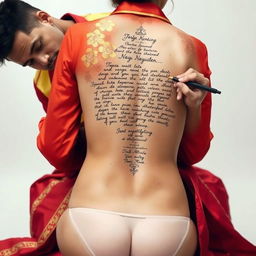 A man dressed in red and gold attire is seated behind a woman whose bare bottom is visible, with panties positioned below her bum