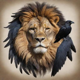 A majestic lion with the innovation of a raven, intertwining elements of fur and feathers, both embodying strength and wisdom