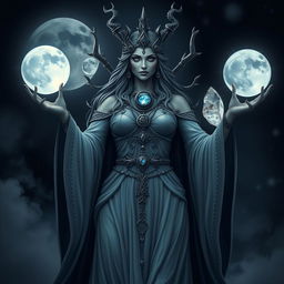 Moon Goddess Hecate, the formidable figure of magic and mystery, stands with purpose, holding Moonstone, Labradorite, Clear Quartz, and Black Obsidian