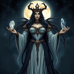 Moon Goddess Hecate, the formidable figure of magic and mystery, stands with purpose, holding Moonstone, Labradorite, Clear Quartz, and Black Obsidian