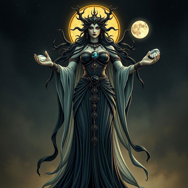 Moon Goddess Hecate, the formidable figure of magic and mystery, stands with purpose, holding Moonstone, Labradorite, Clear Quartz, and Black Obsidian
