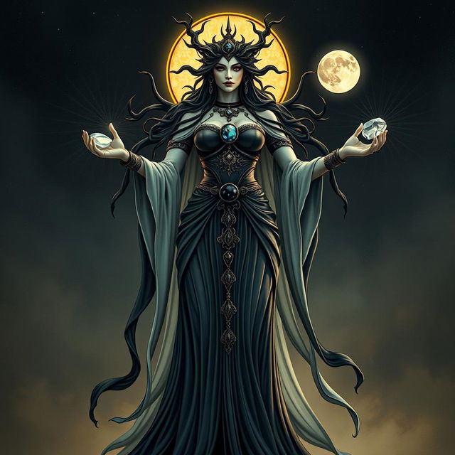 Moon Goddess Hecate, the formidable figure of magic and mystery, stands with purpose, holding Moonstone, Labradorite, Clear Quartz, and Black Obsidian