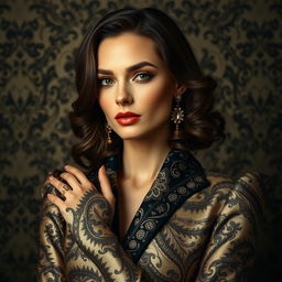 an elegant and confident woman showcasing luxury fashion and grace, with an emphasis on intricate patterns and detailed textures, creating a sense of mystery and allure