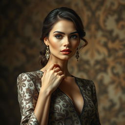 an elegant and confident woman showcasing luxury fashion and grace, with an emphasis on intricate patterns and detailed textures, creating a sense of mystery and allure