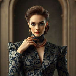 an elegant and confident woman showcasing luxury fashion and grace, with an emphasis on intricate patterns and detailed textures, creating a sense of mystery and allure