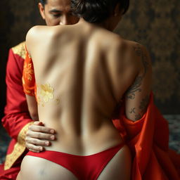 A man in luxurious red and gold attire sitting confidently behind a woman with an exposed lower back, her panties stylishly placed just below her buttocks