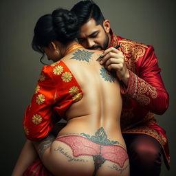 A man in luxurious red and gold attire sitting confidently behind a woman with an exposed lower back, her panties stylishly placed just below her buttocks