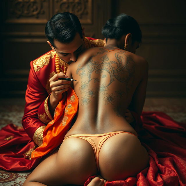 A man in luxurious red and gold attire seated behind a woman with her lower body exposed, her panties gently pulled down