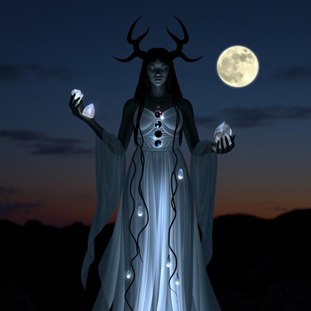 Goddess Hecate stands in a twilight world with a sky devoid of the moon, holding Moonstone, Labradorite, Clear Quartz, and Black Obsidian