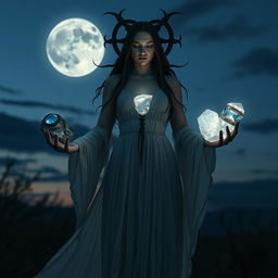 Goddess Hecate stands in a twilight world with a sky devoid of the moon, holding Moonstone, Labradorite, Clear Quartz, and Black Obsidian