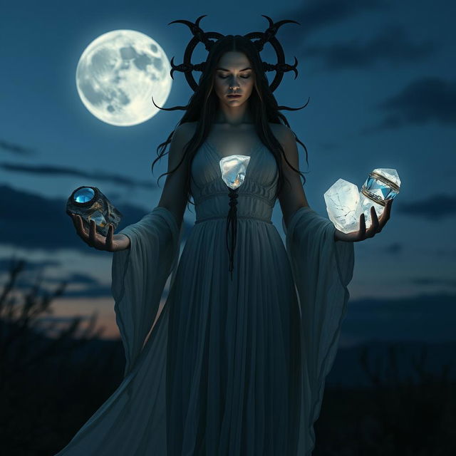 Goddess Hecate stands in a twilight world with a sky devoid of the moon, holding Moonstone, Labradorite, Clear Quartz, and Black Obsidian