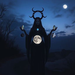 Goddess Hecate stands in a twilight world with a sky devoid of the moon, holding Moonstone, Labradorite, Clear Quartz, and Black Obsidian