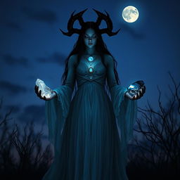 Goddess Hecate stands in a twilight world with a sky devoid of the moon, holding Moonstone, Labradorite, Clear Quartz, and Black Obsidian