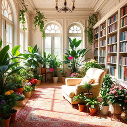 An elegant room filled with vibrant plants, bathed in gentle sunlight