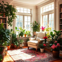 An elegant room filled with vibrant plants, bathed in gentle sunlight