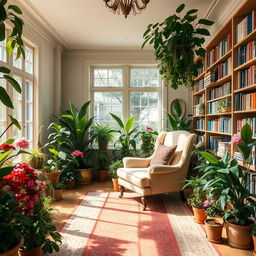 An elegant room filled with vibrant plants, bathed in gentle sunlight