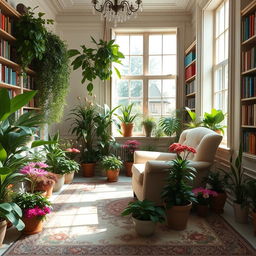 An elegant room filled with vibrant plants, bathed in gentle sunlight