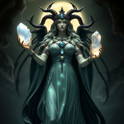 Goddess Hecate stands majestically, holding Moonstone, Labradorite, Clear Quartz, and Black Obsidian