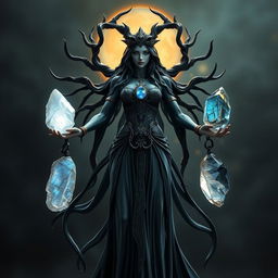 Goddess Hecate stands majestically, holding Moonstone, Labradorite, Clear Quartz, and Black Obsidian