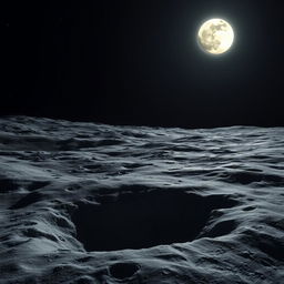 A serene lunar landscape featuring a full moon casting a gentle light on the rugged surface of the moon