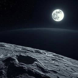 A serene lunar landscape featuring a full moon casting a gentle light on the rugged surface of the moon