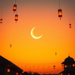 A beautiful crescent moon glowing gently in the middle of an orange sky during twilight