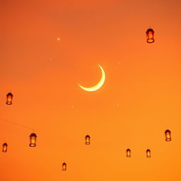 A beautiful crescent moon glowing gently in the middle of an orange sky during twilight