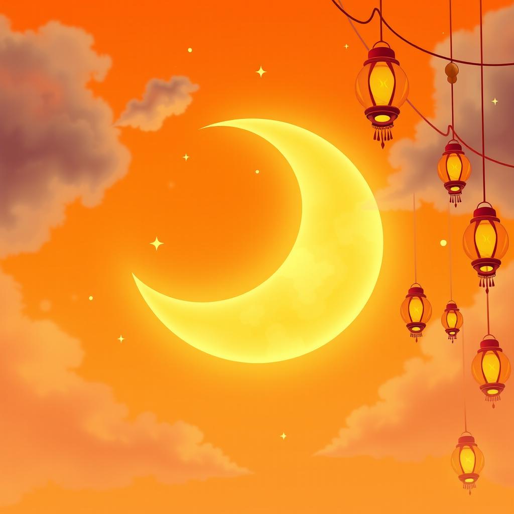 A large, radiant crescent moon dominating the center of an orange sky, reminiscent of an animated style