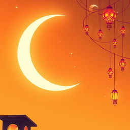 A large, radiant crescent moon dominating the center of an orange sky, reminiscent of an animated style