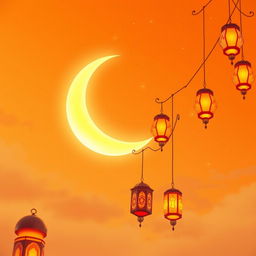 A large, radiant crescent moon dominating the center of an orange sky, reminiscent of an animated style