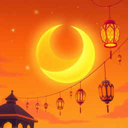 A large, radiant crescent moon dominating the center of an orange sky, reminiscent of an animated style