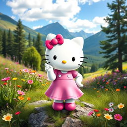 Hello Kitty in a cute dress standing in a beautiful natural landscape, featuring lush greenery, colorful wildflowers, and a serene blue sky