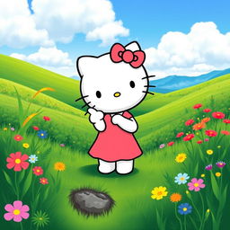 Hello Kitty in a cute dress standing in a beautiful natural landscape, featuring lush greenery, colorful wildflowers, and a serene blue sky