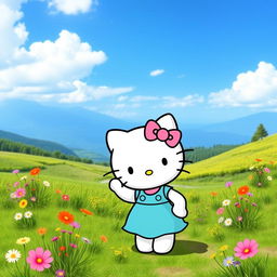 Hello Kitty in a cute dress standing in a beautiful natural landscape, featuring lush greenery, colorful wildflowers, and a serene blue sky