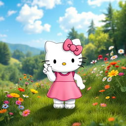 Hello Kitty in a cute dress standing in a beautiful natural landscape, featuring lush greenery, colorful wildflowers, and a serene blue sky