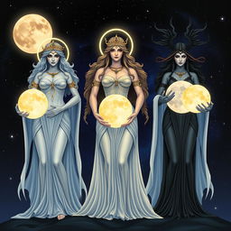 The Moon Goddesses Luna, Diana, and Hecate stand together, each holding their respective moons