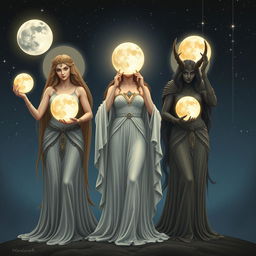 The Moon Goddesses Luna, Diana, and Hecate stand together, each holding their respective moons