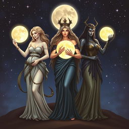 The Moon Goddesses Luna, Diana, and Hecate stand together, each holding their respective moons