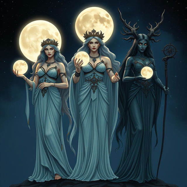 The Moon Goddesses Luna, Diana, and Hecate stand together, each holding their respective moons