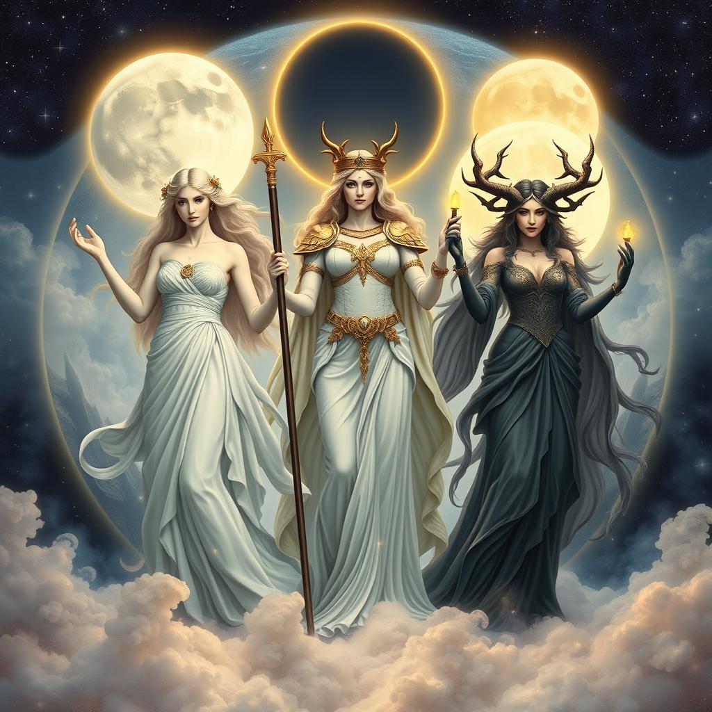 The Moon Goddesses Luna, Diana, and Hecate depicted together in a mystical and celestial scene