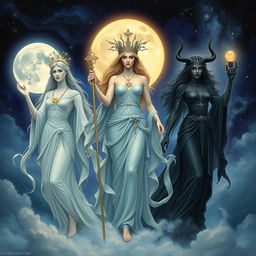 The Moon Goddesses Luna, Diana, and Hecate depicted together in a mystical and celestial scene