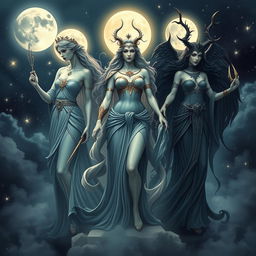 The Moon Goddesses Luna, Diana, and Hecate depicted together in a mystical and celestial scene