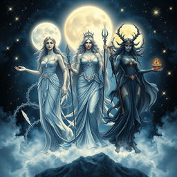 The Moon Goddesses Luna, Diana, and Hecate depicted together in a mystical and celestial scene