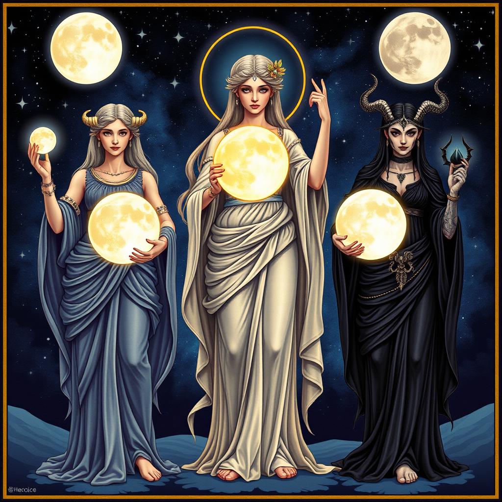 Three Roman goddesses of the moon depicted together: Luna, Diana, and Hecate