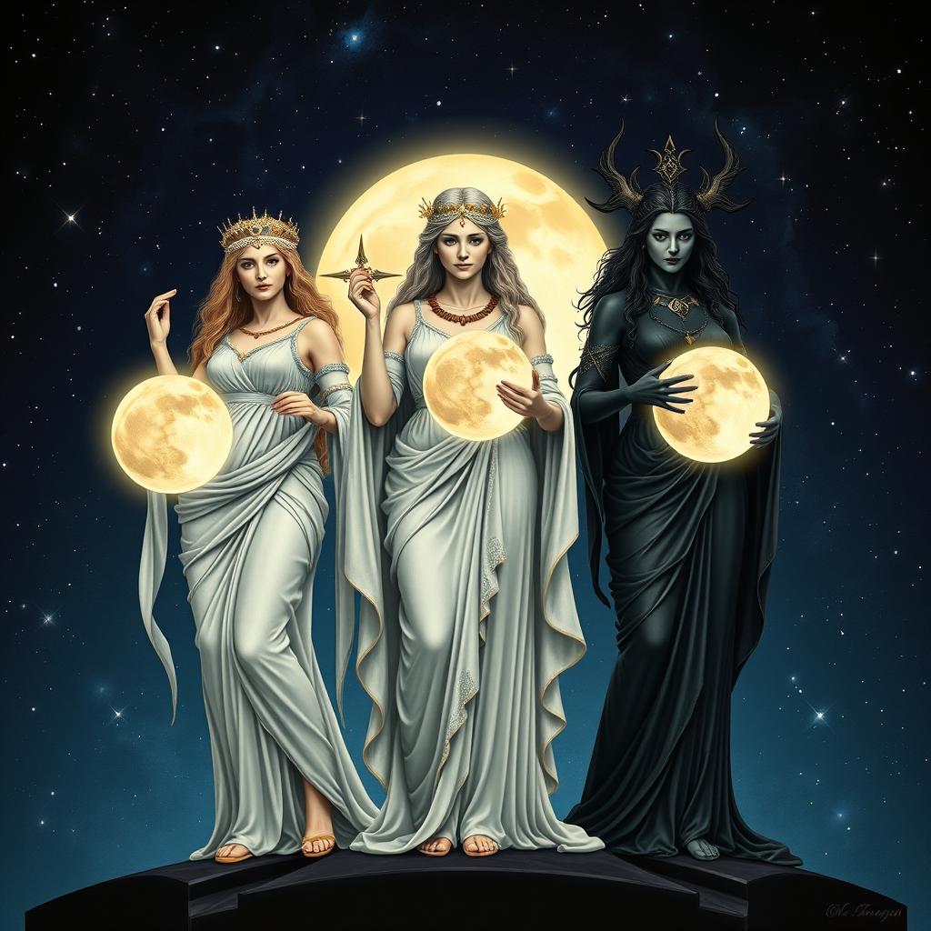 Three Roman goddesses of the moon depicted together: Luna, Diana, and Hecate