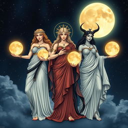 Three Roman goddesses of the moon depicted together: Luna, Diana, and Hecate