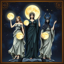 Three Roman goddesses of the moon depicted together: Luna, Diana, and Hecate